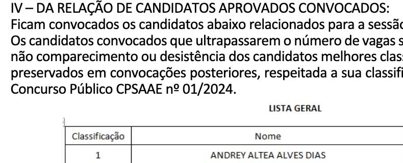 Convocação do CPSAAE 01/2024 com Andrey em primeiro lugar