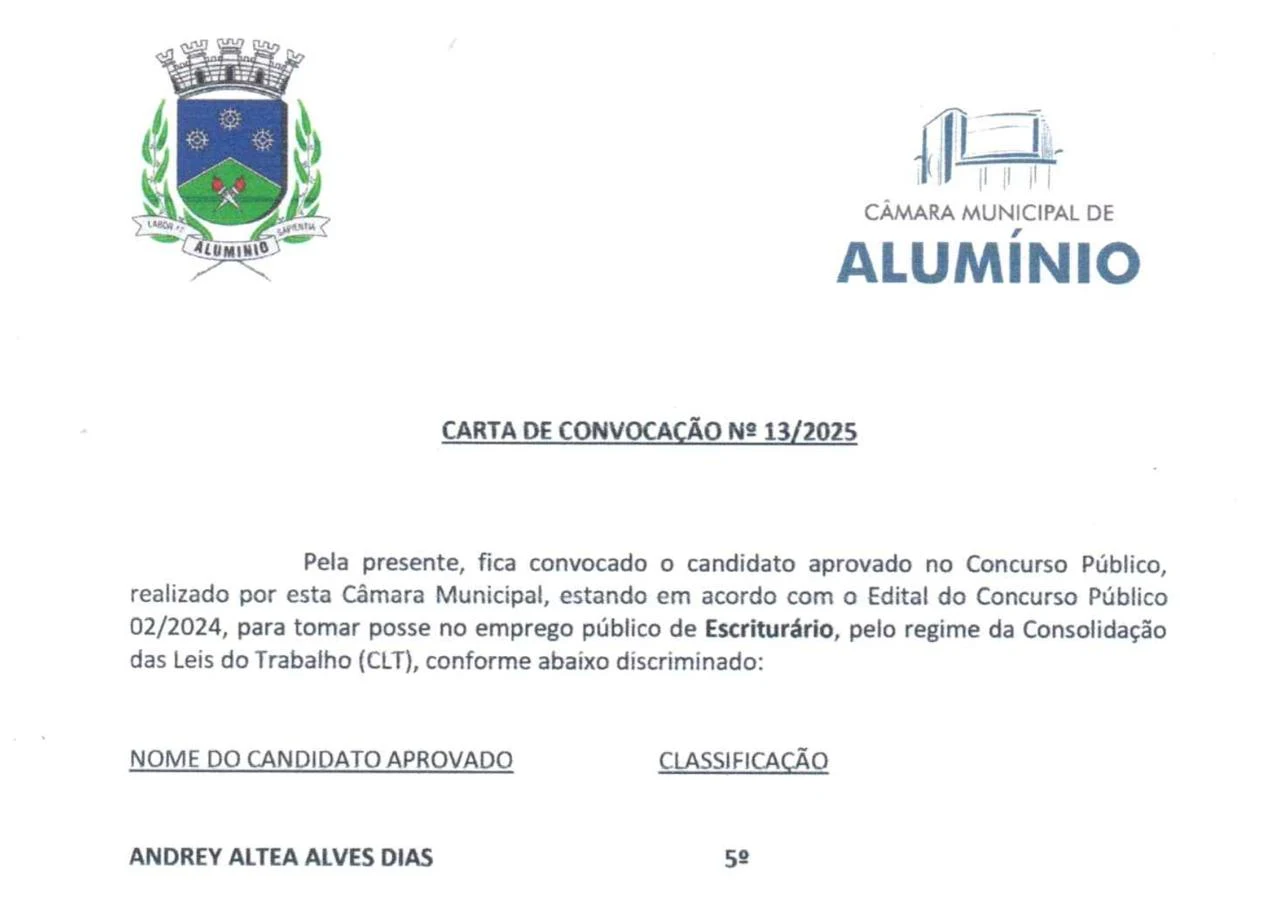 Carta de convocação 13/2025 da Câmara Municipal de Alumínio